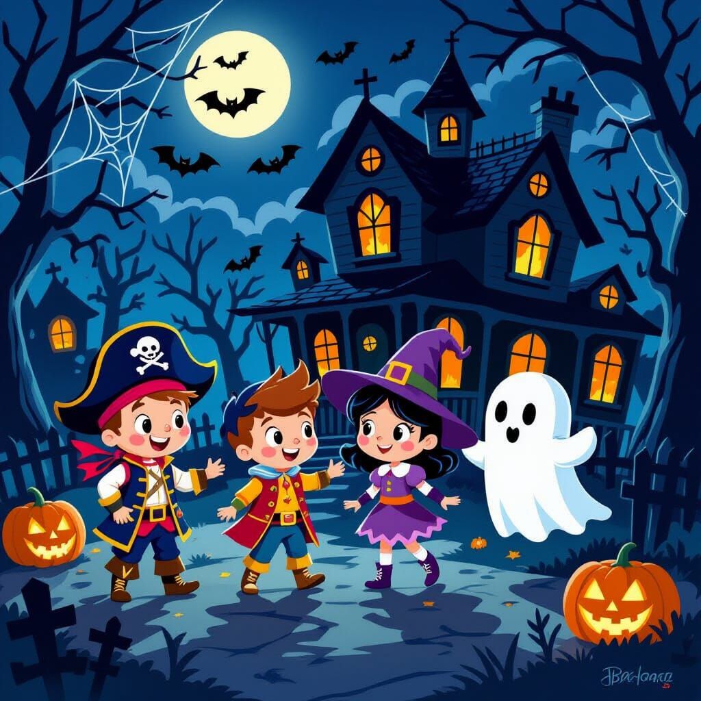 Children in Halloween Costumes Explore Haunted House