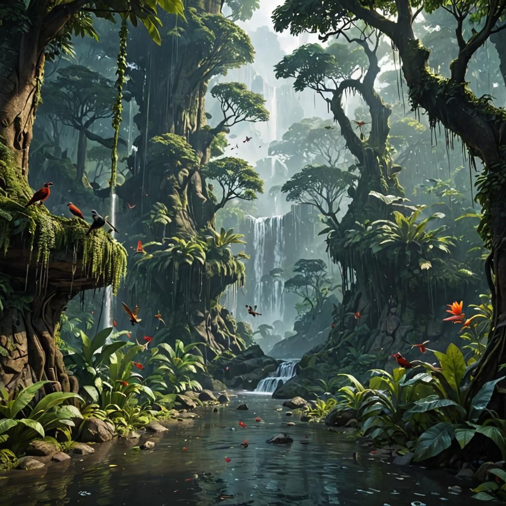 Lush Rainforest Scene with Waterfall in Detailed Matte Paint...