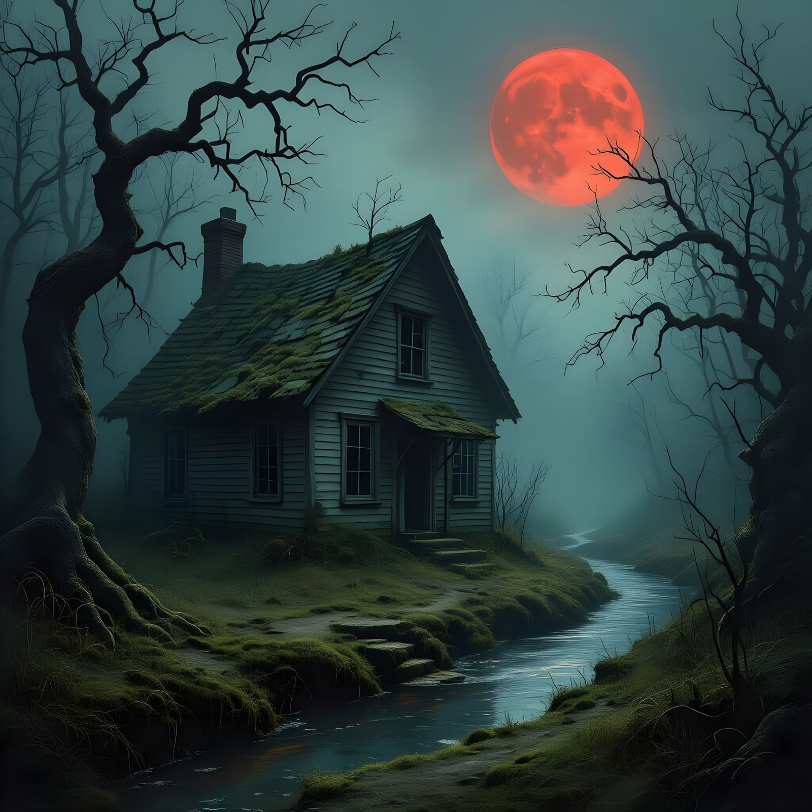 Eerie Abandoned Cottage Under Blood Moon