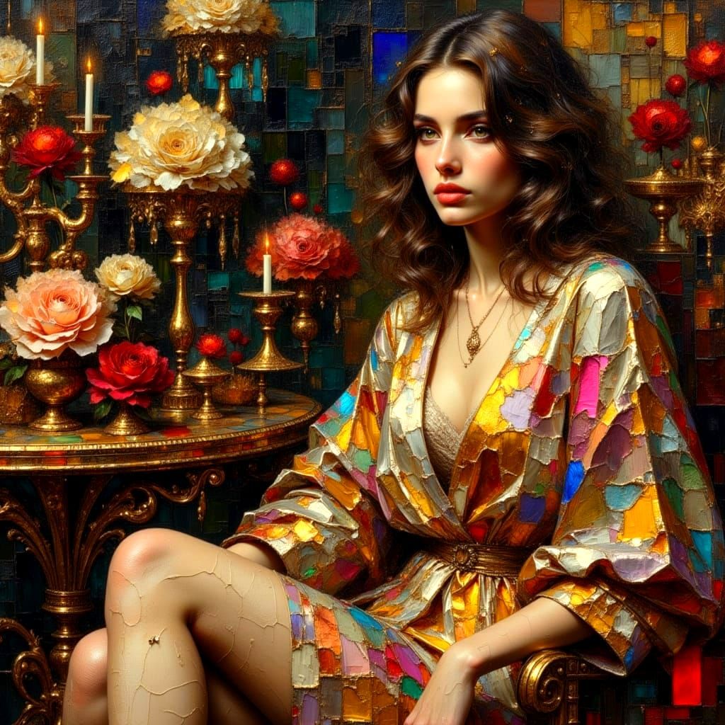 Opulent Scene in Impasto Style with Metallic Accents