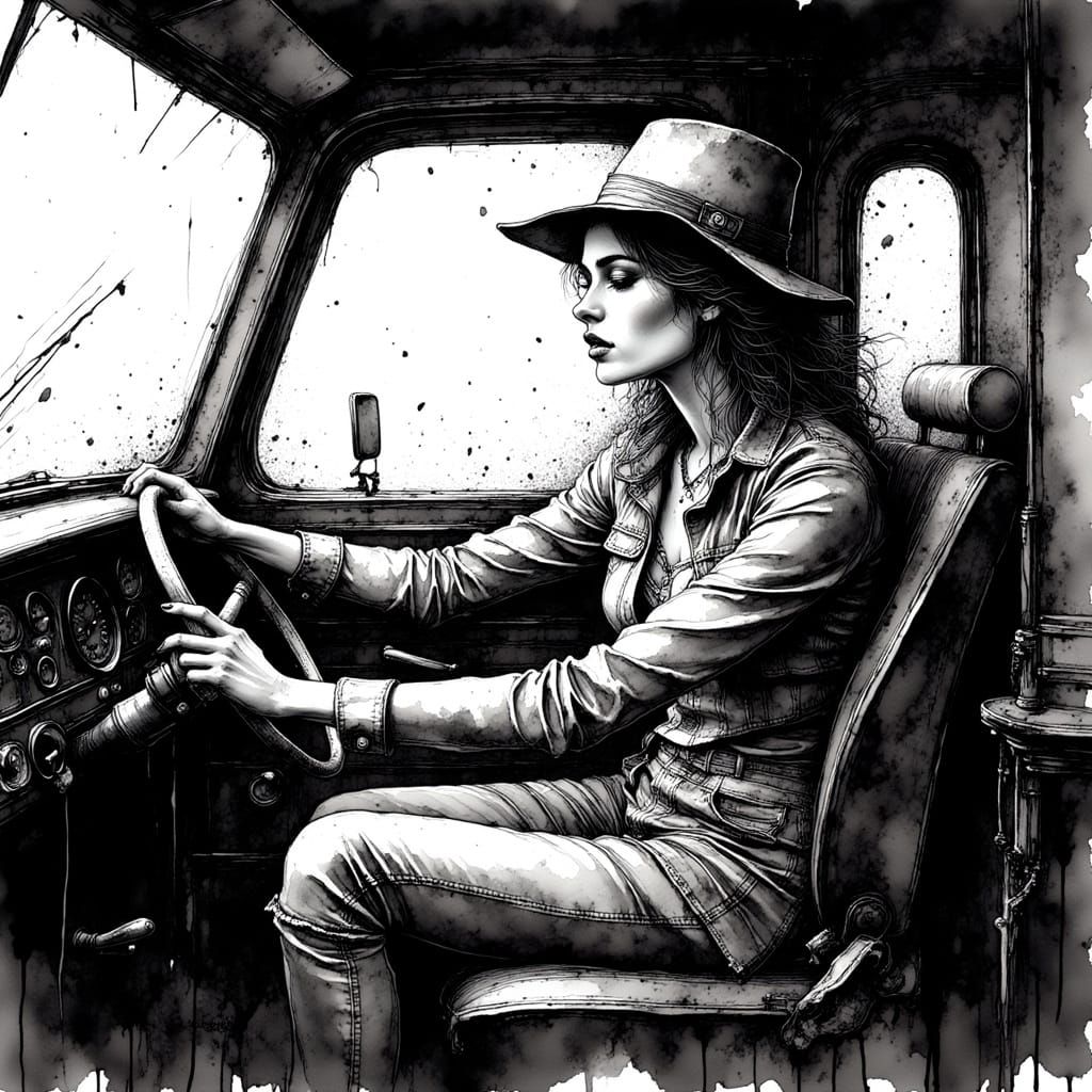 Woman Driving Truck Through Blurring Lines in Noir Style