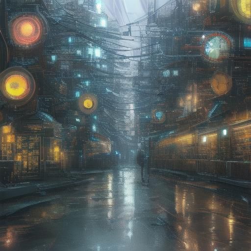 Cyberpunk Mechanical Clockwork Daisy in Neon Rainy Night