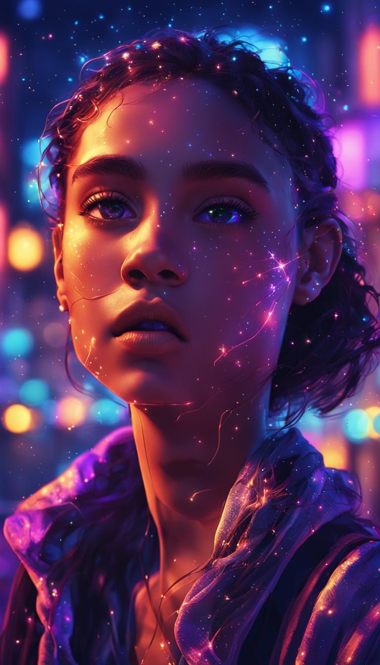 Zahia at Night: Vibrant Neon Digital Art Portrait