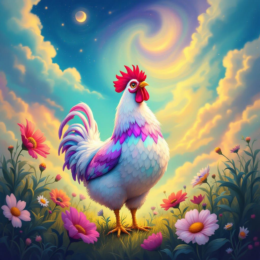 Whimsical Chicken in Luminous Wildflower Field