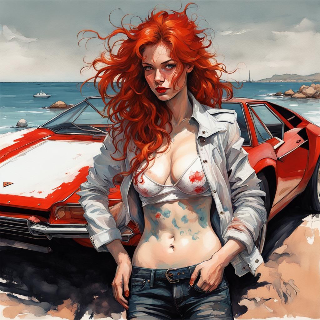 Beautiful Woman and Lamborghini: Ink Splash Art