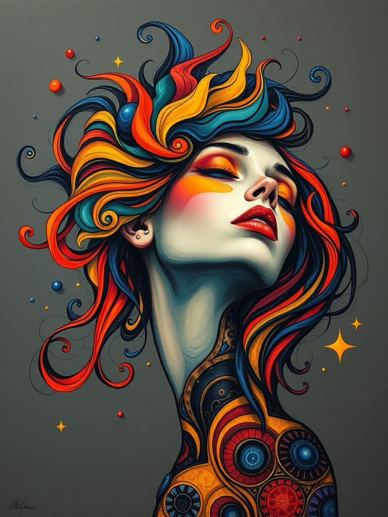 Surrealist Woman Lost in Vibrant Dreamscapes