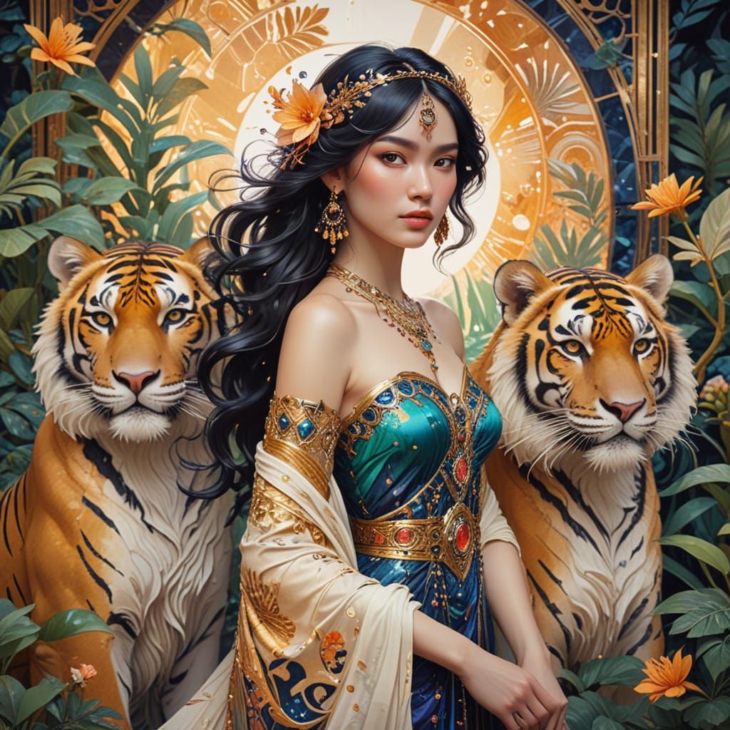 Regal Indonesian Princesses in Tropical Garden with Pet Tige...