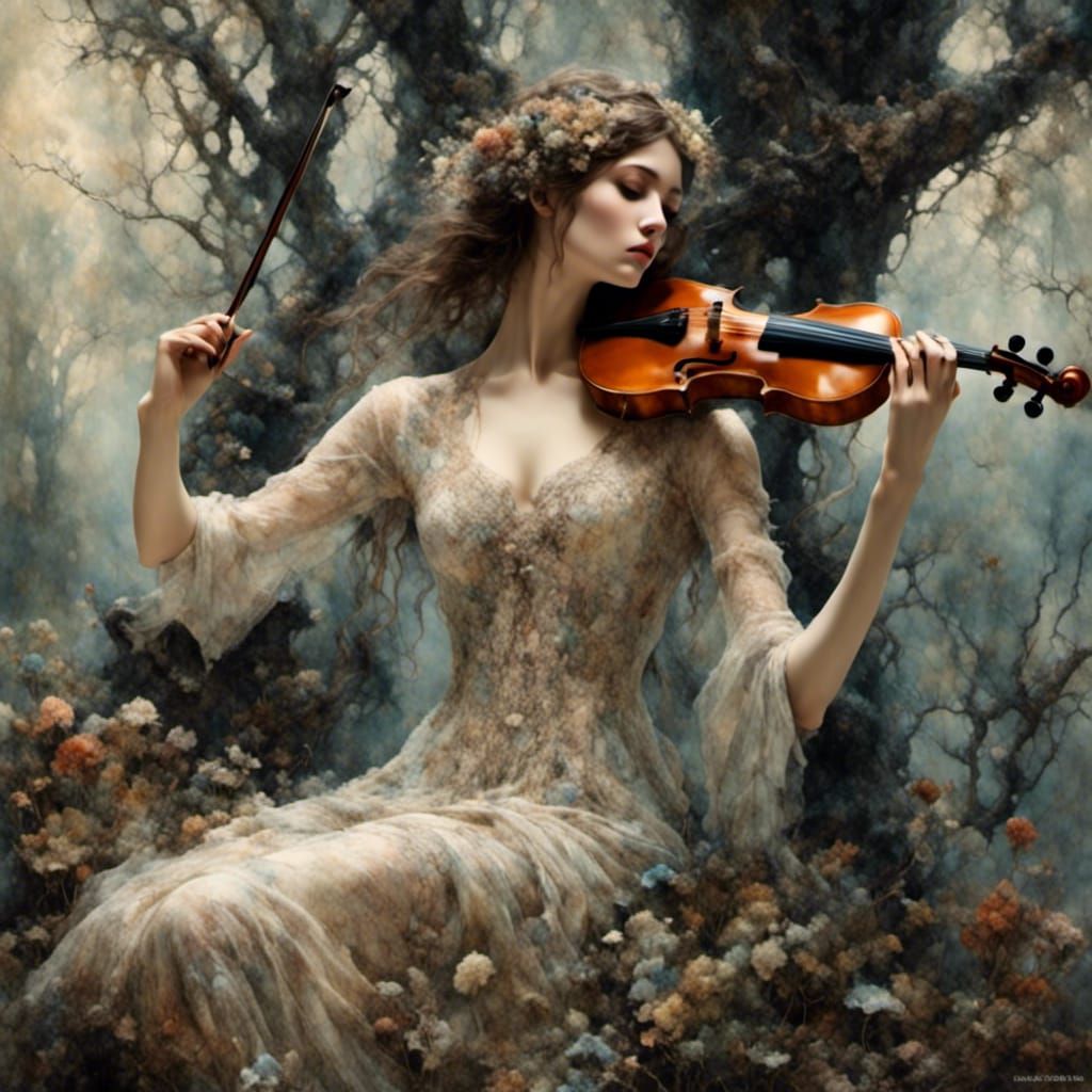 Woman in Lace Dress Plays Violin in Forest