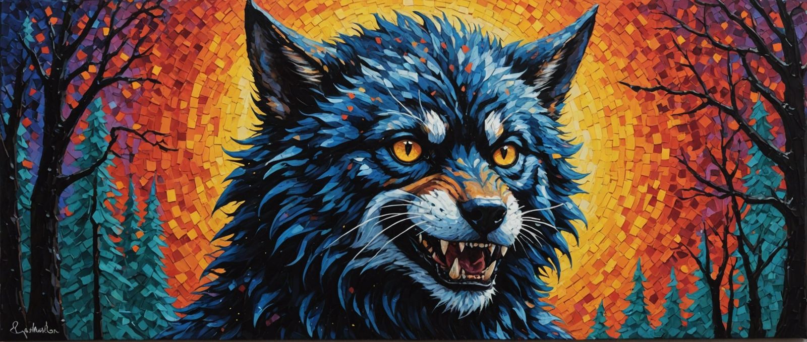 Cat Werewolf Hybrid in Pointillist Impasto Style