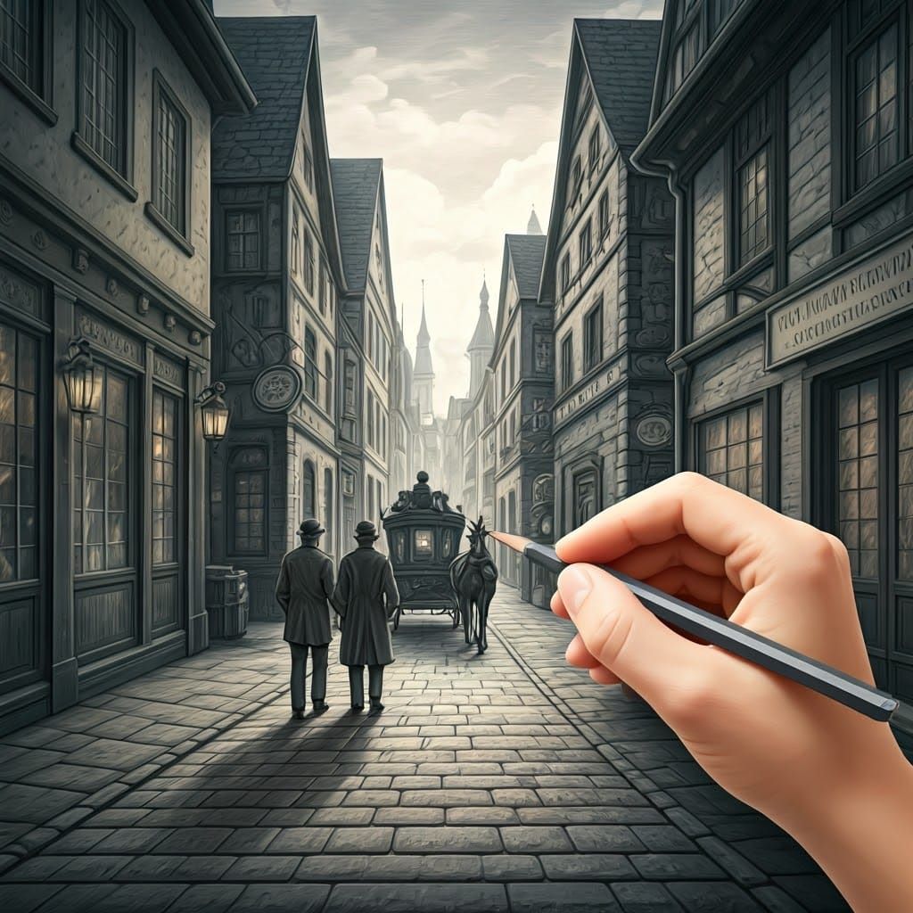 Pencil Drawing of Magical Town Street Scene