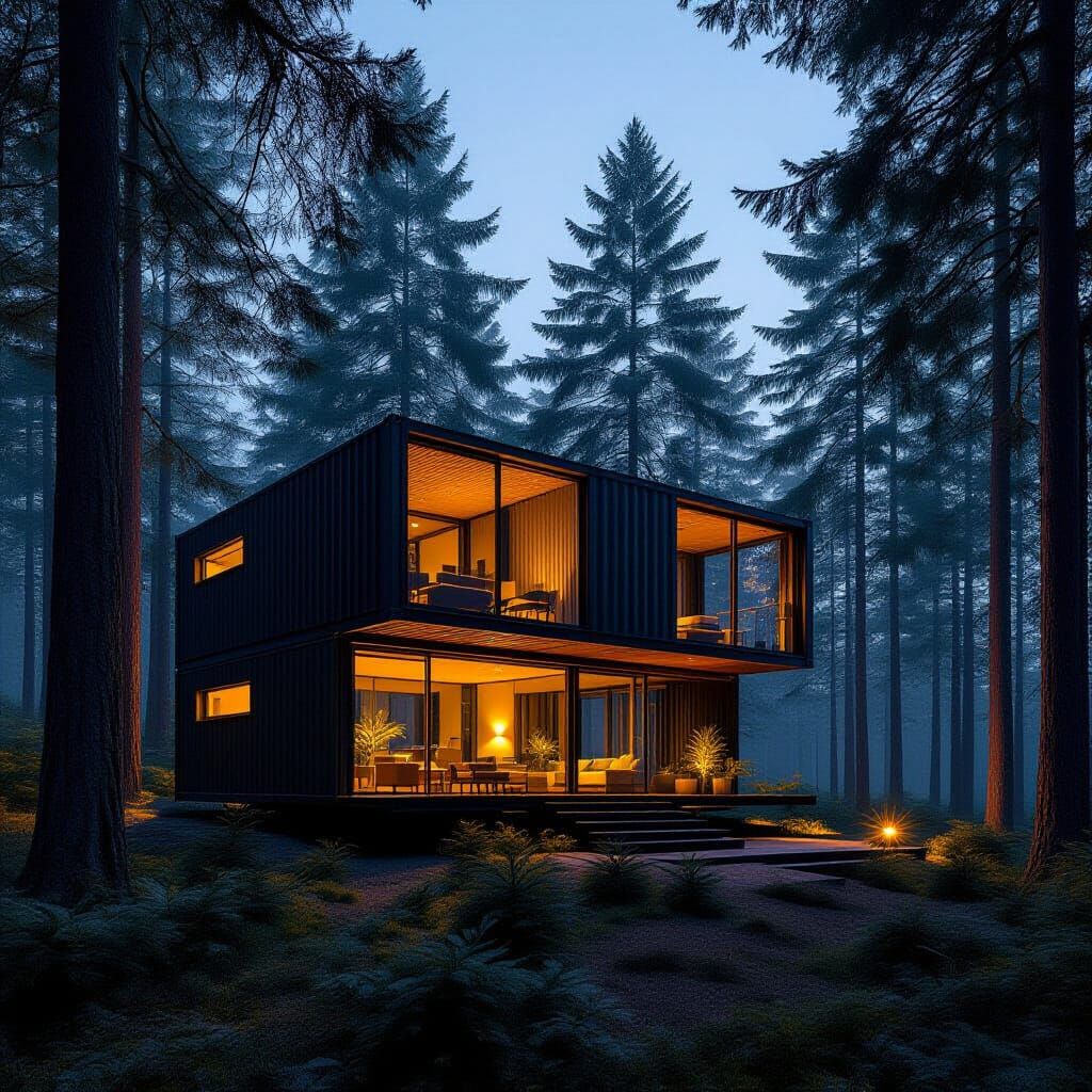 Modern Shipping Container Home in Forest at Night