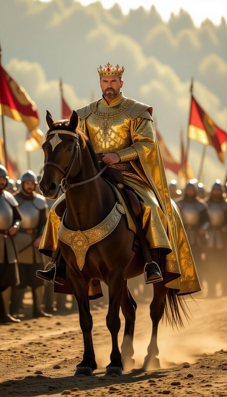 King on Horseback Enters Battlefield in Royal Robes