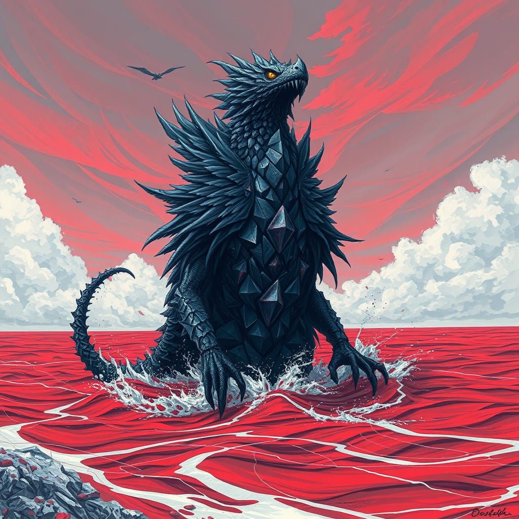 Obsidian Creature Emerges from Crimson Tide