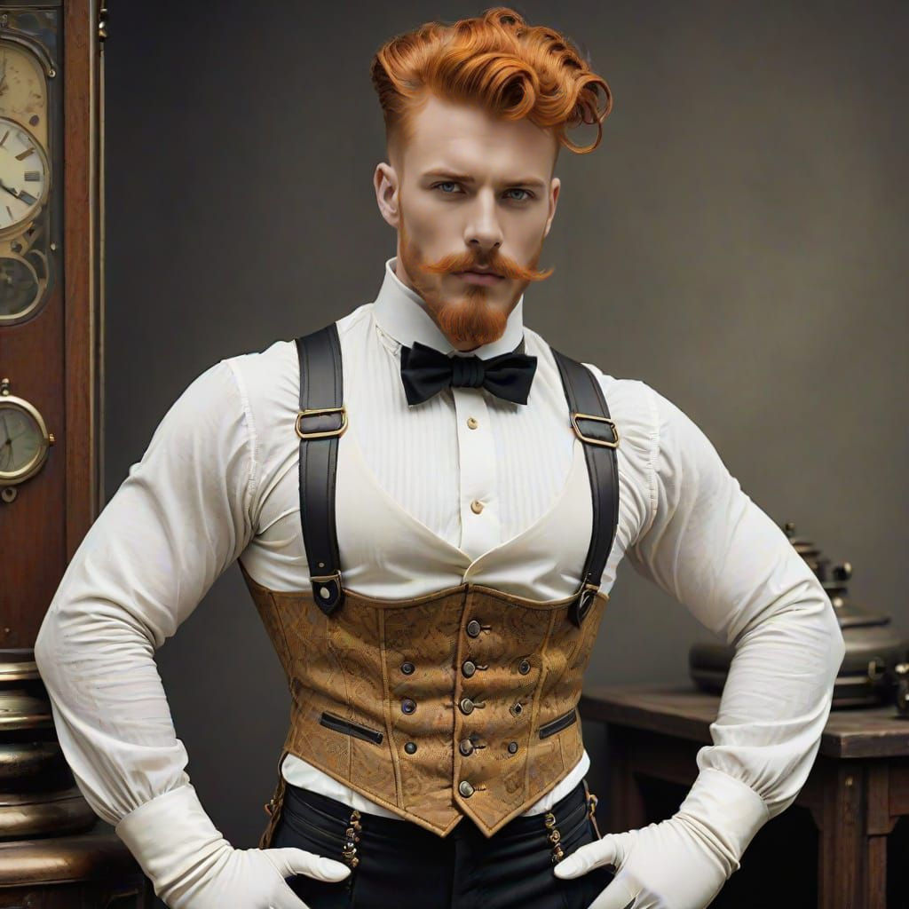 Attractive Edwardian Steampunk Man in Corset and Pompadour