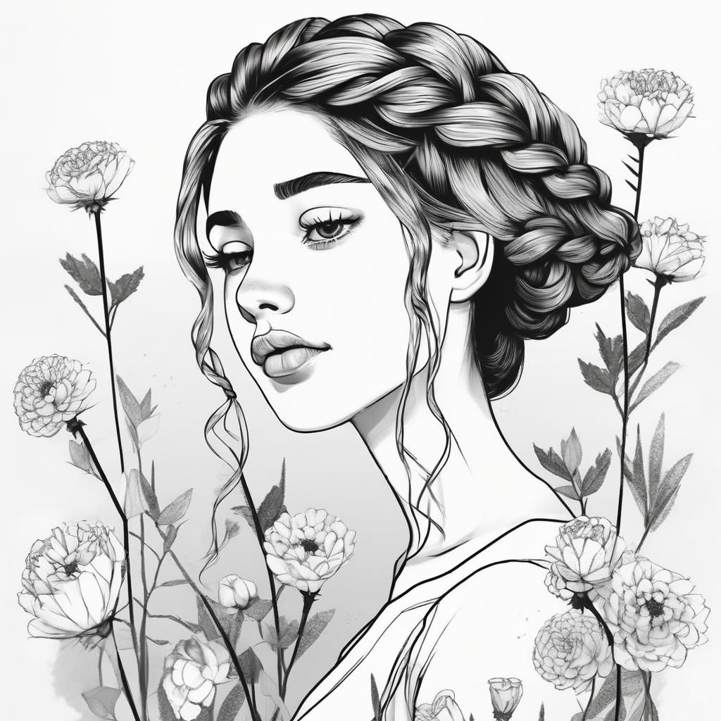 Braided Hair Illustration with Flowers in Black and White