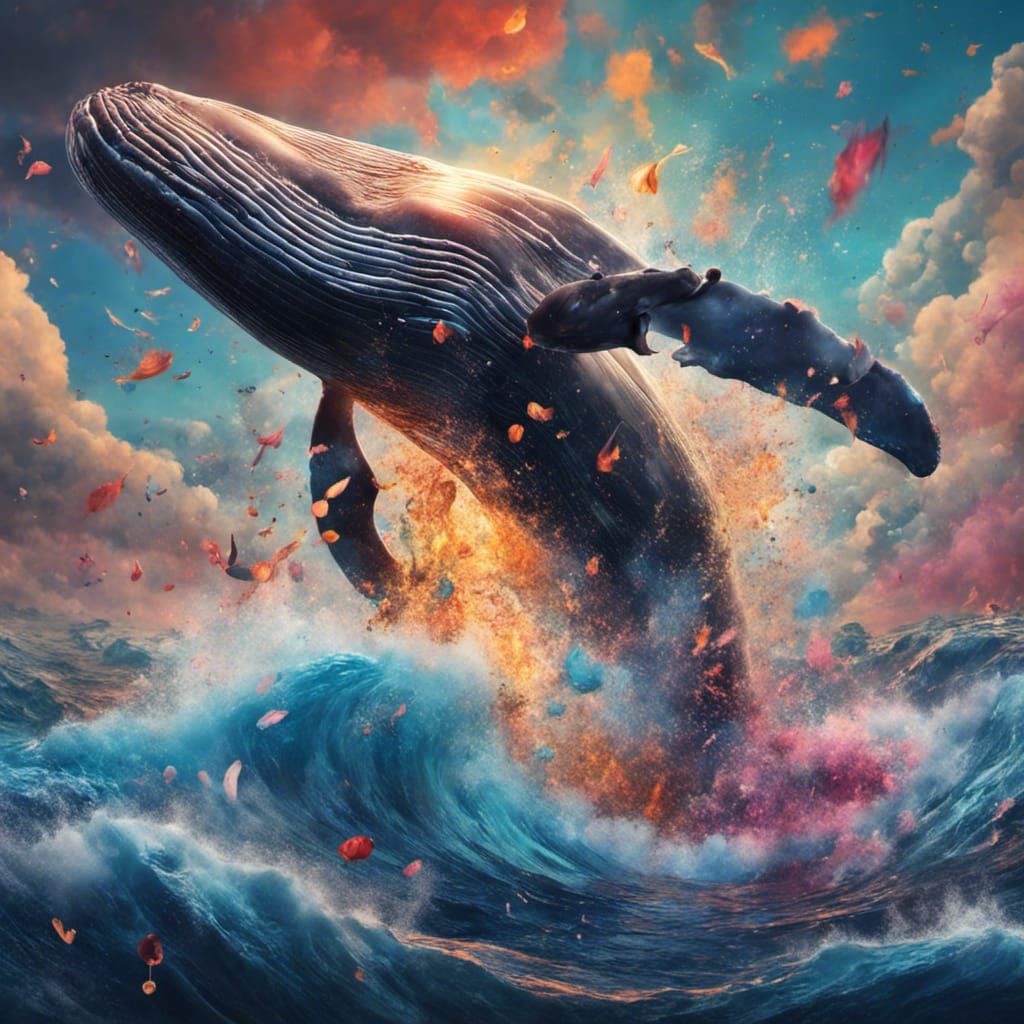 Whale Amidst Colorful Wave Explosion