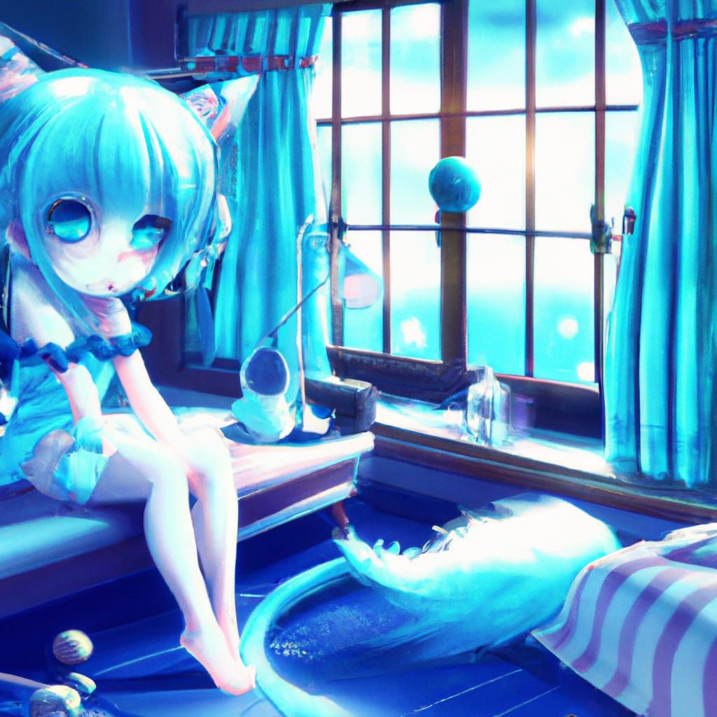 Anime Blue Cat in Blue Room