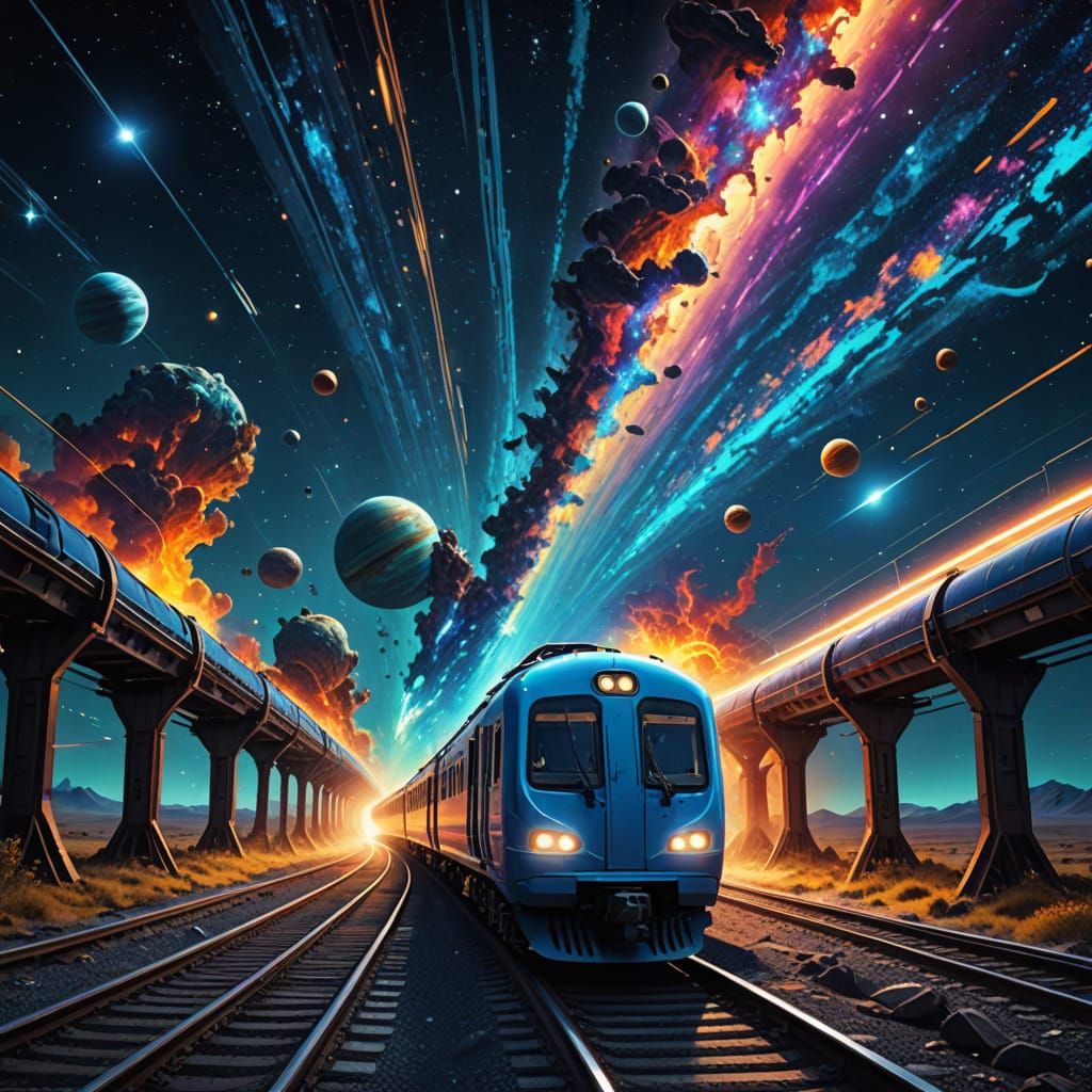 Surreal Cosmic Train Speeds Through Vibrant Galaxy