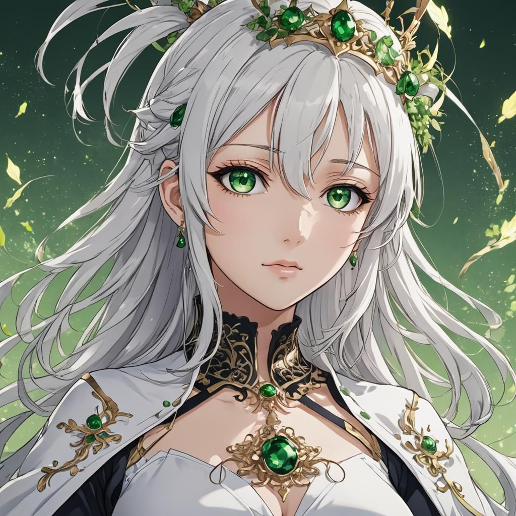 Anime Queen with Green Eyes and White Hair