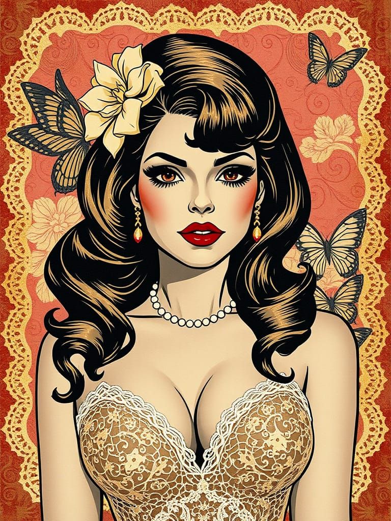 Elegant Pin-Up Lady in Lace Collage Style