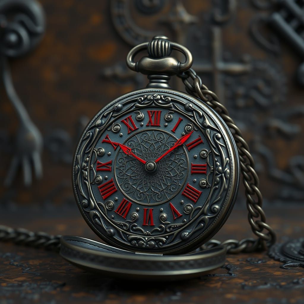 Gothic Pocket Watch with Crimson Hands in Dark Bronze