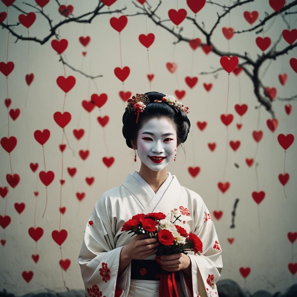 Smiling Geisha with Red Hearts, Cinematic Still