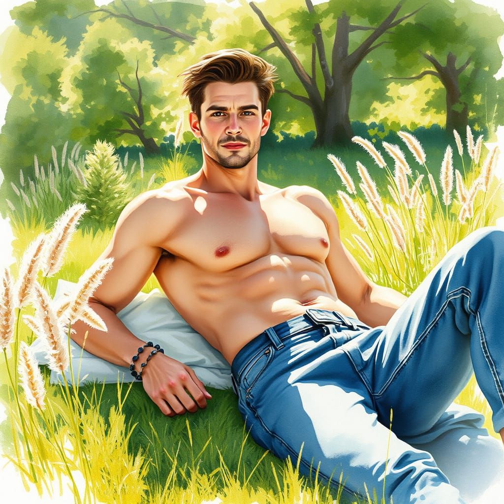 Chiseled Gentleman in a Serene Summer Oasis