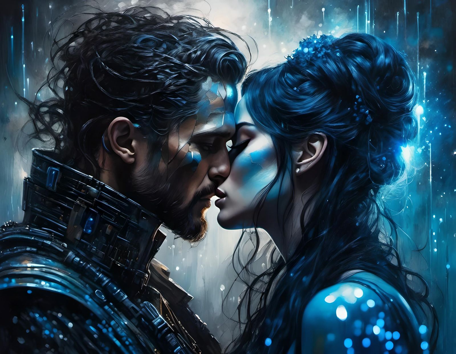 Cyborg Kiss in Dystopian Cyberpunk Cityscape
