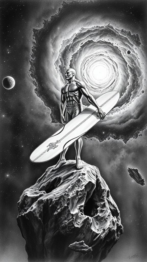 Silver Surfer on Asteroid Amidst Spiral Galaxy in Charcoal A...