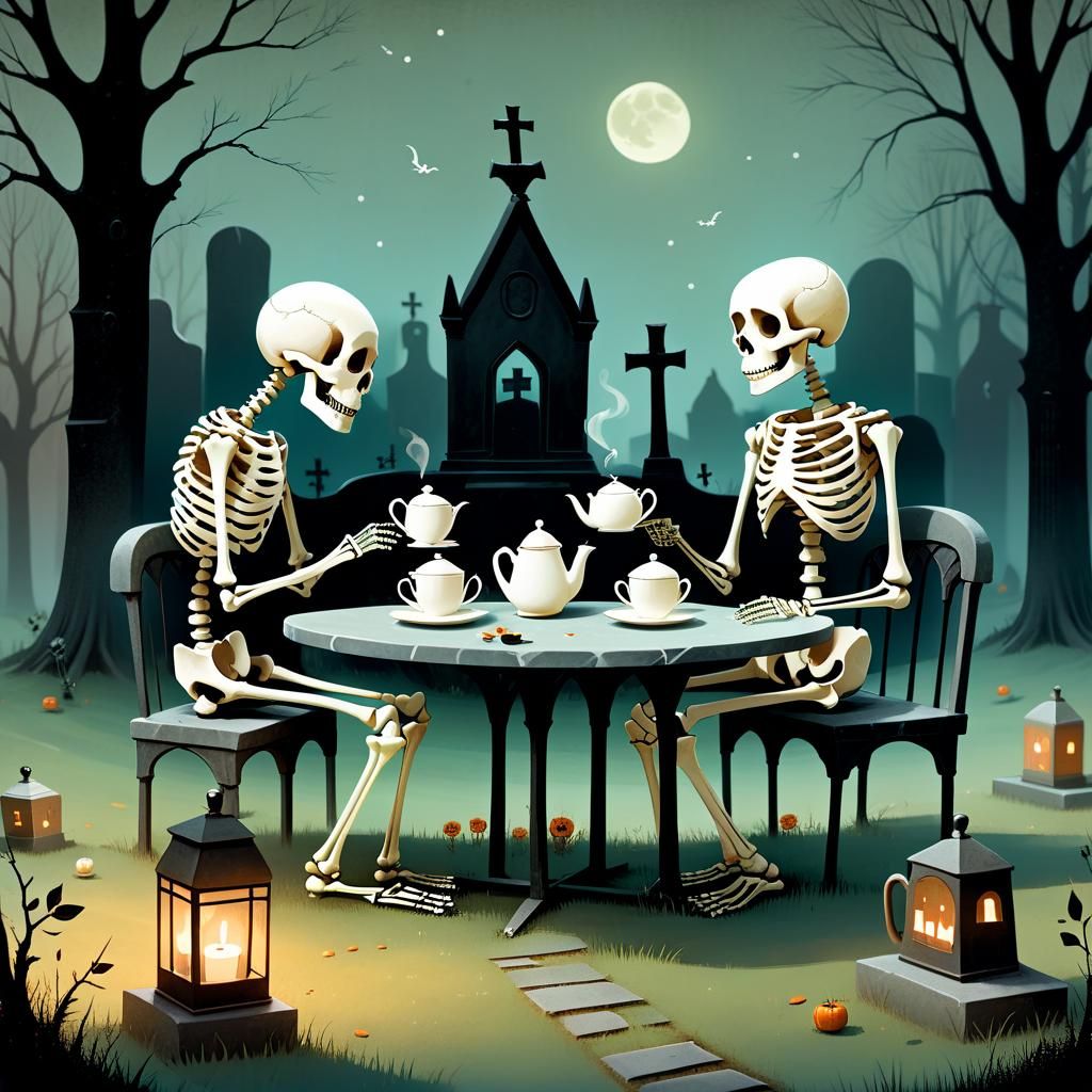 Skeletal Tea Party in Graveyard Illustration
