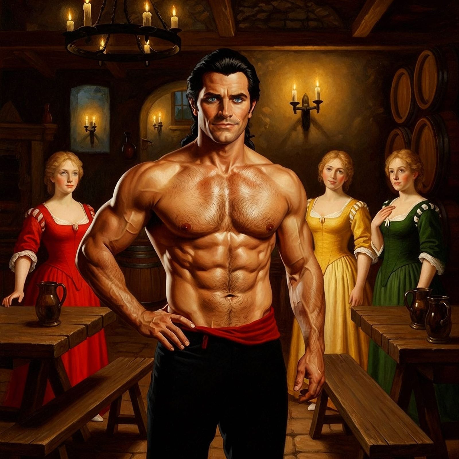 Gaston Poses with Bimbettes in French Tavern