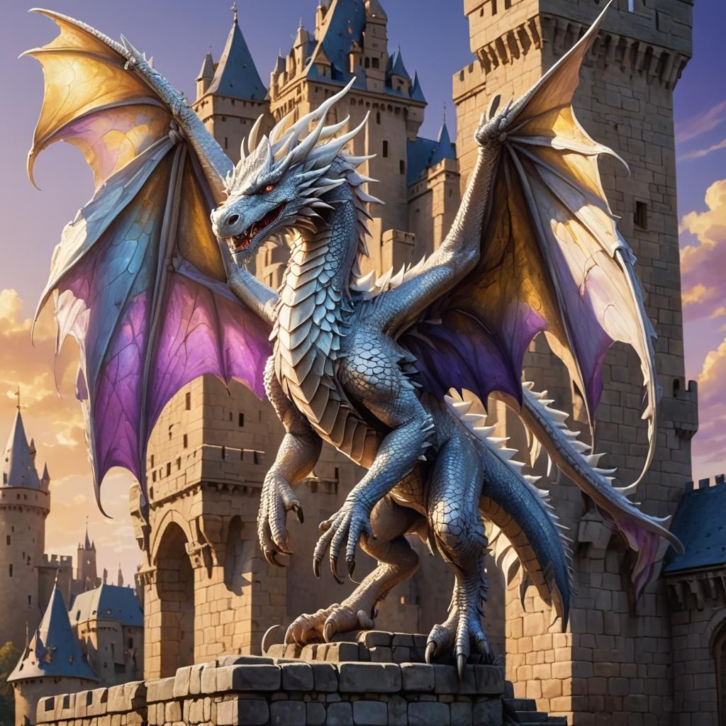 White Dragon Perched on Medieval Castle Battlements