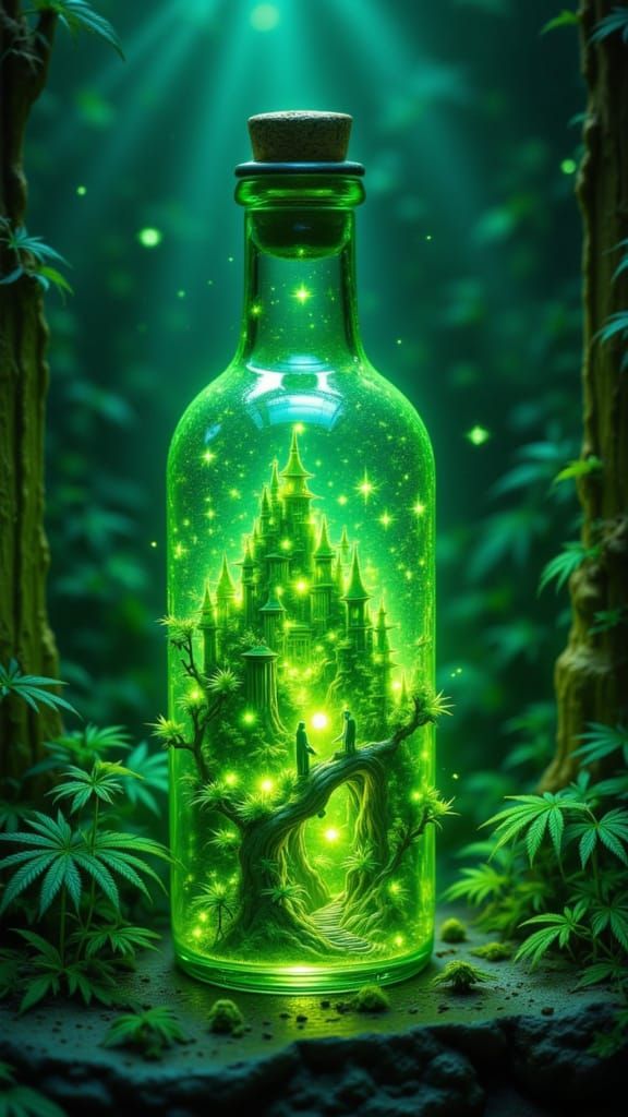 Miniature Cannabis Metropolis in Glass Bottle