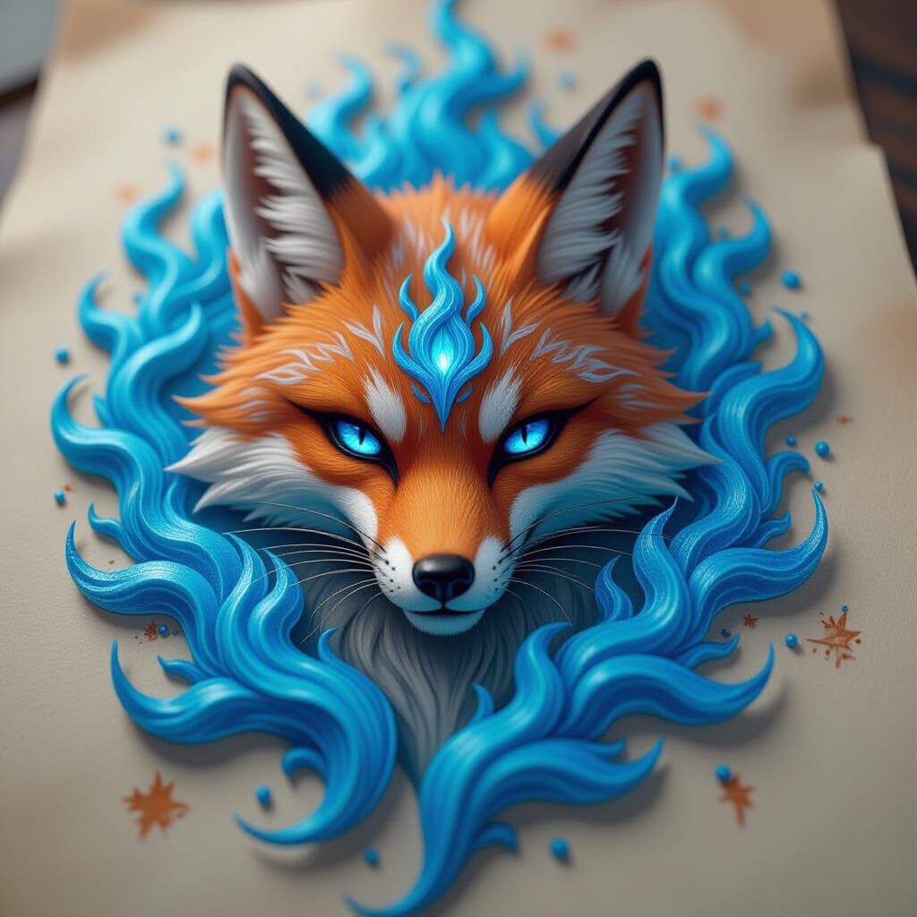 Tattooed Nine-Tailed Fox Yokai with Blue Magic Flames
