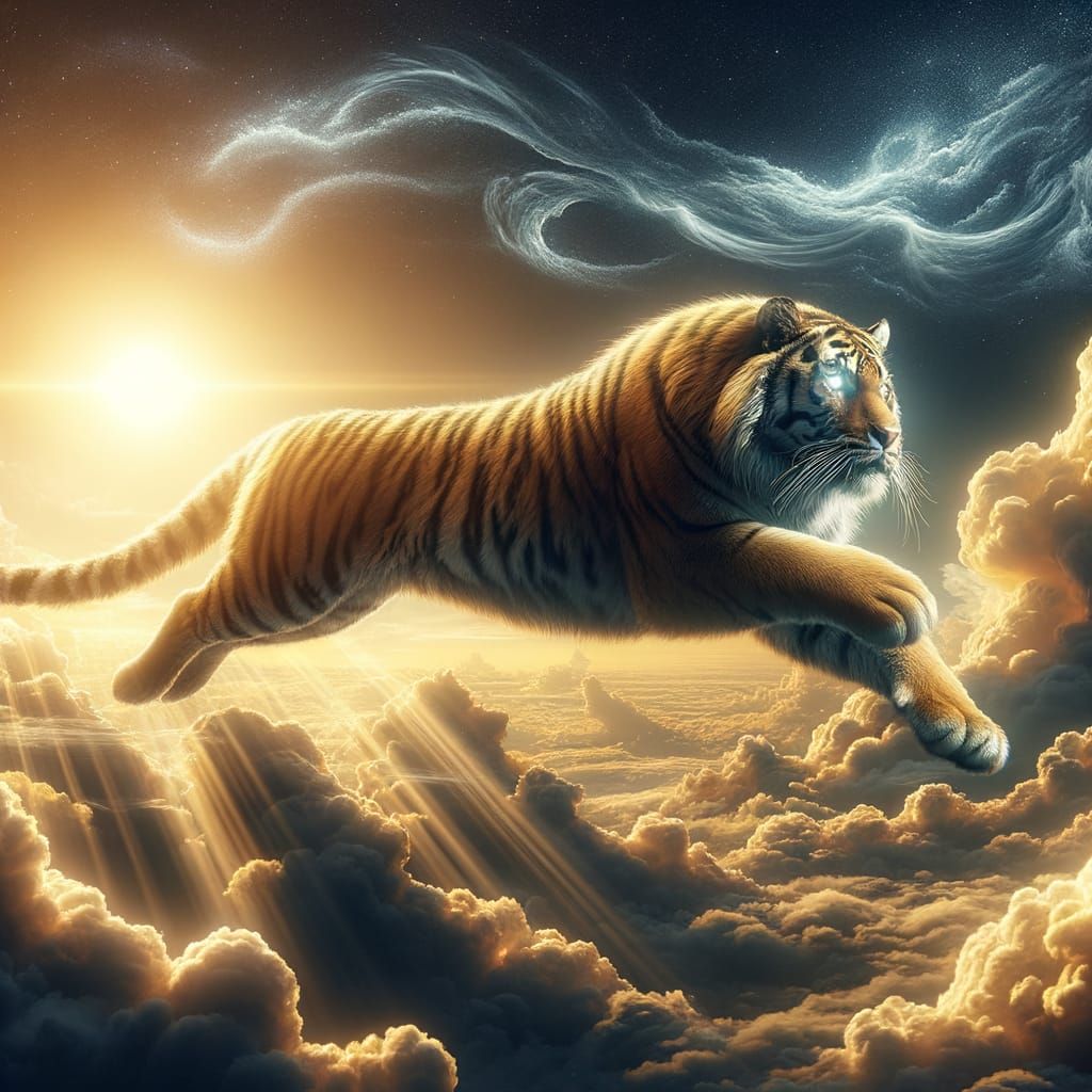 Majestic Flying Tiger Soaring at Sunset