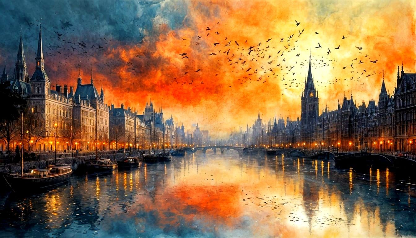 Ethereal Sunset Over City Harbor with Water Reflections