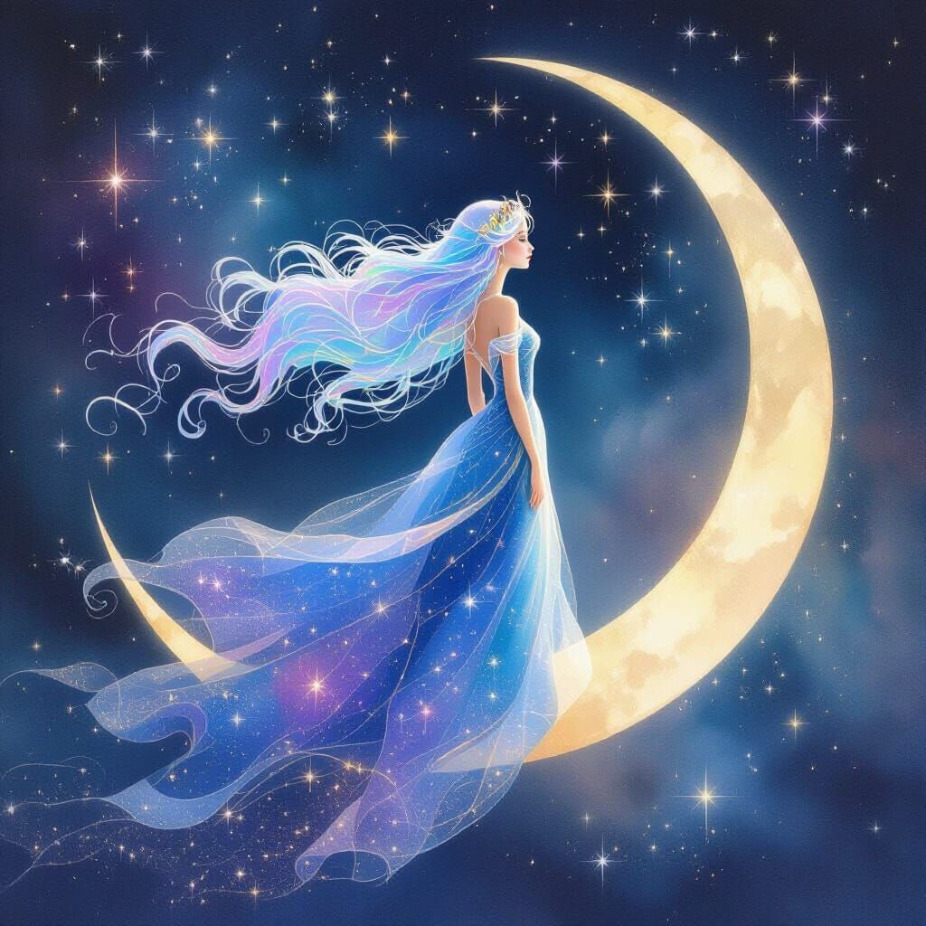 A whimsical, elegant woman with flowing, iridescent hair and...