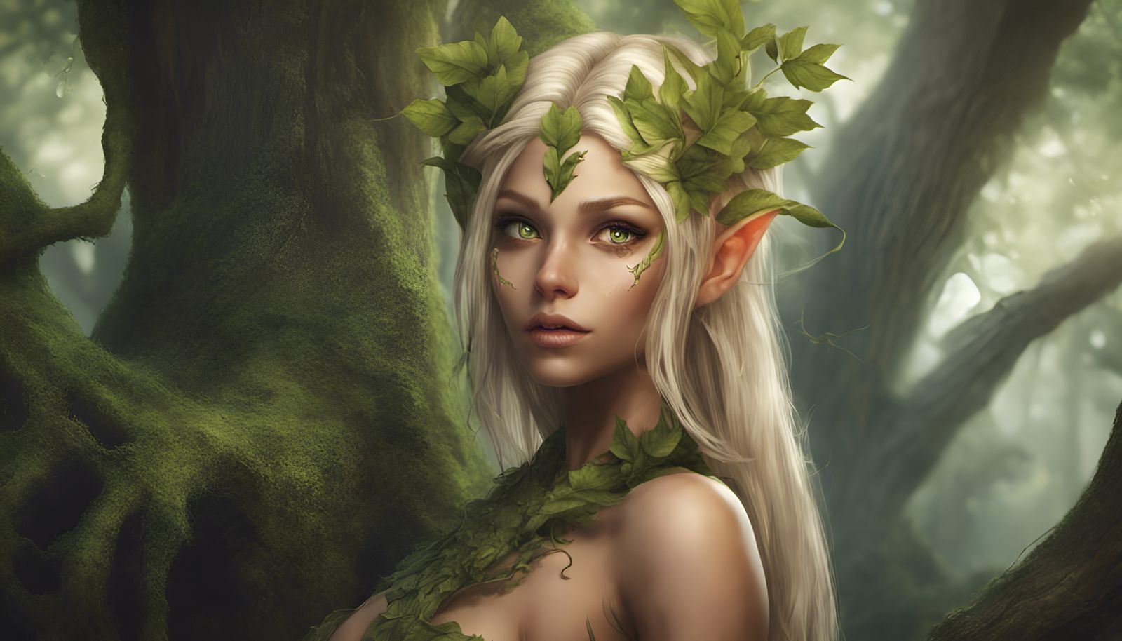 Voluptuous Female Dryad Elf in Forest, Digital Art