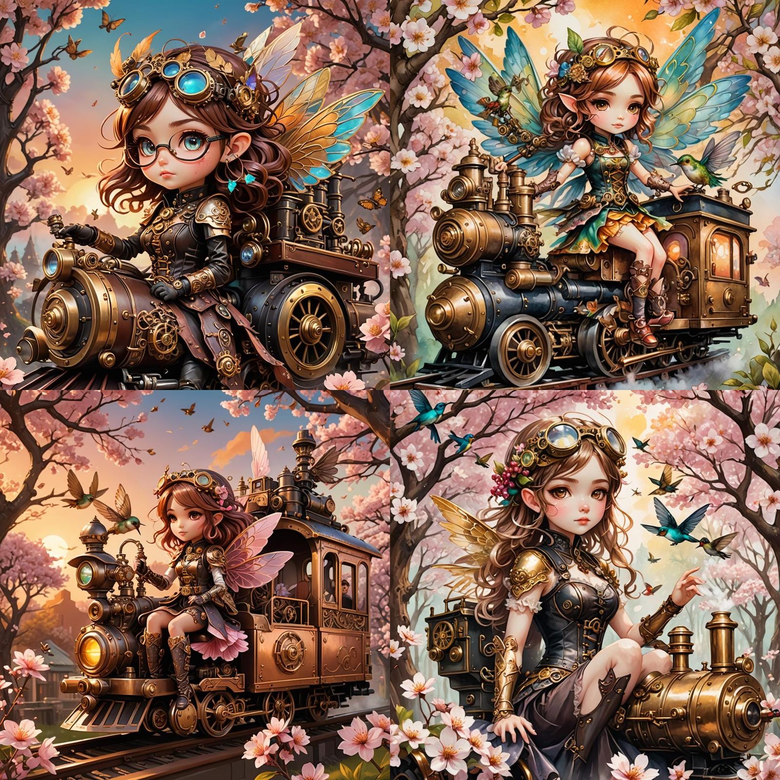 Steampunk Fairy on Train with Cherry Blossoms