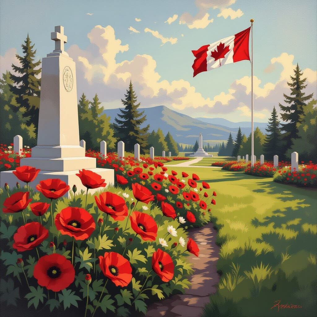 Canadian Memorial Cemetery with Poppies and Flag