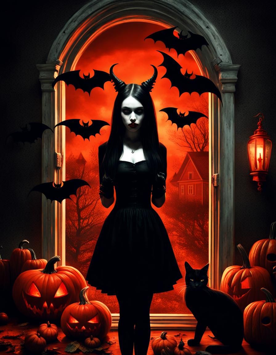 Gothic Horror Girl with Devil Horns in Dark Surrealism