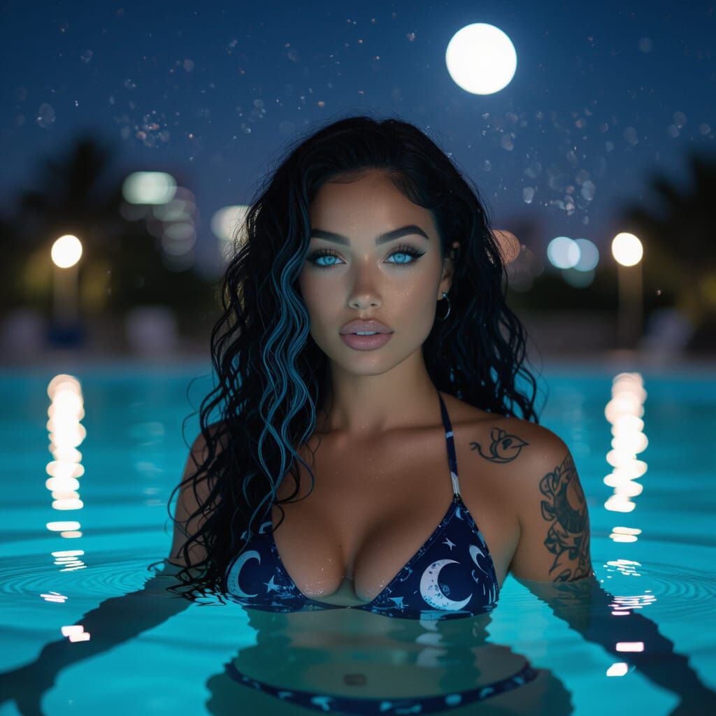 Woman with Moon Tattoos at City Pool at Night