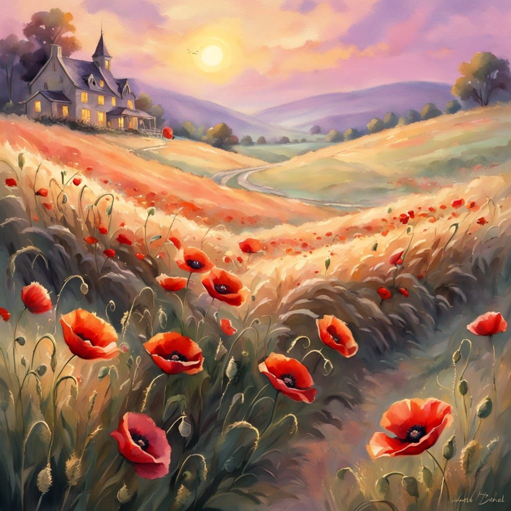 Whimsical Watercolor Poppies in a Golden Light