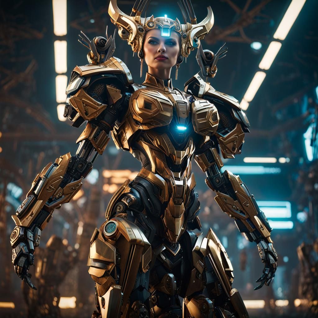 Cyberpunk Greek Goddess and Robotic Monster