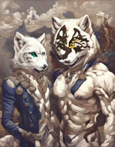 Anthropomorphic Wolves Faceoff in Forest Scene