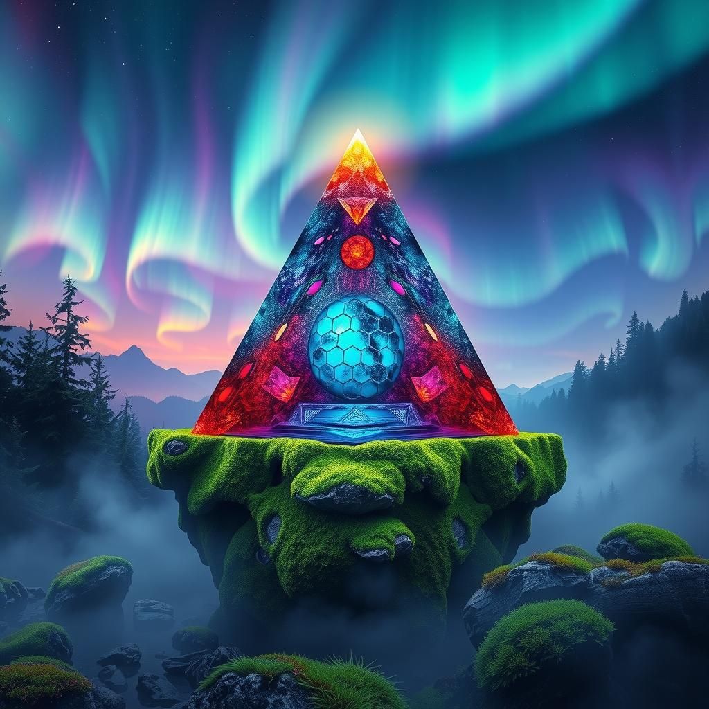 Orgonite Pyramid with Aurora Borealis, Futuristic Landscape