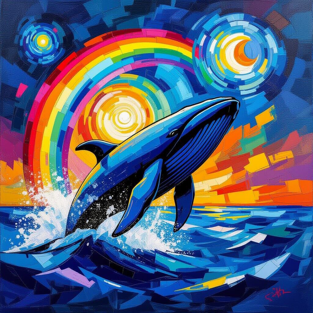 Cubist Whale Spouting Rainbow Water