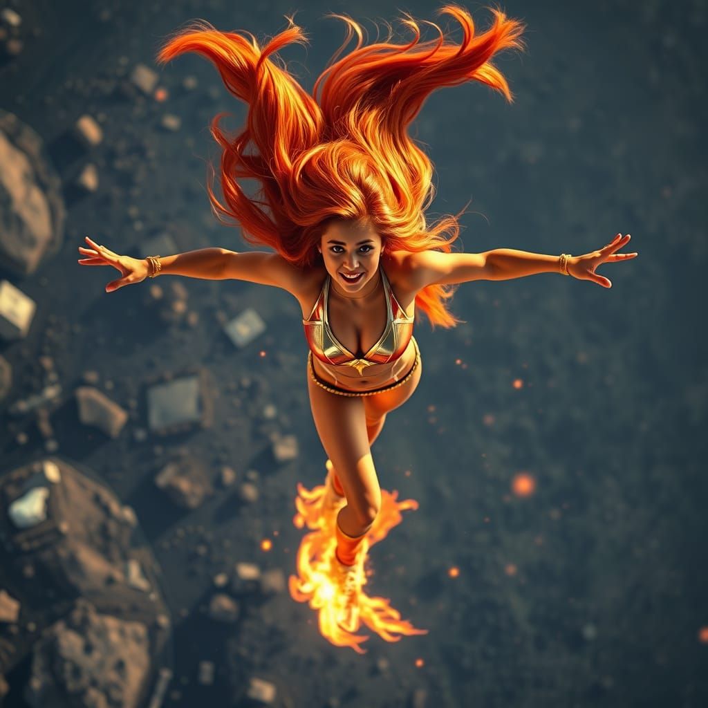 Starfire's Dynamic Aerial Flip in Hyperrealistic Style