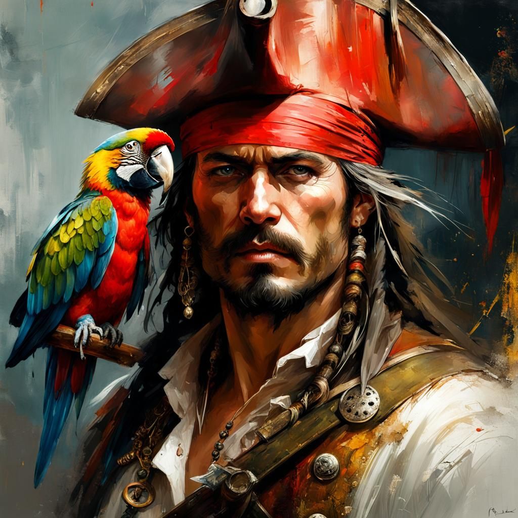 Detailed Pirate Portrait with Parrot in Fine Art Style