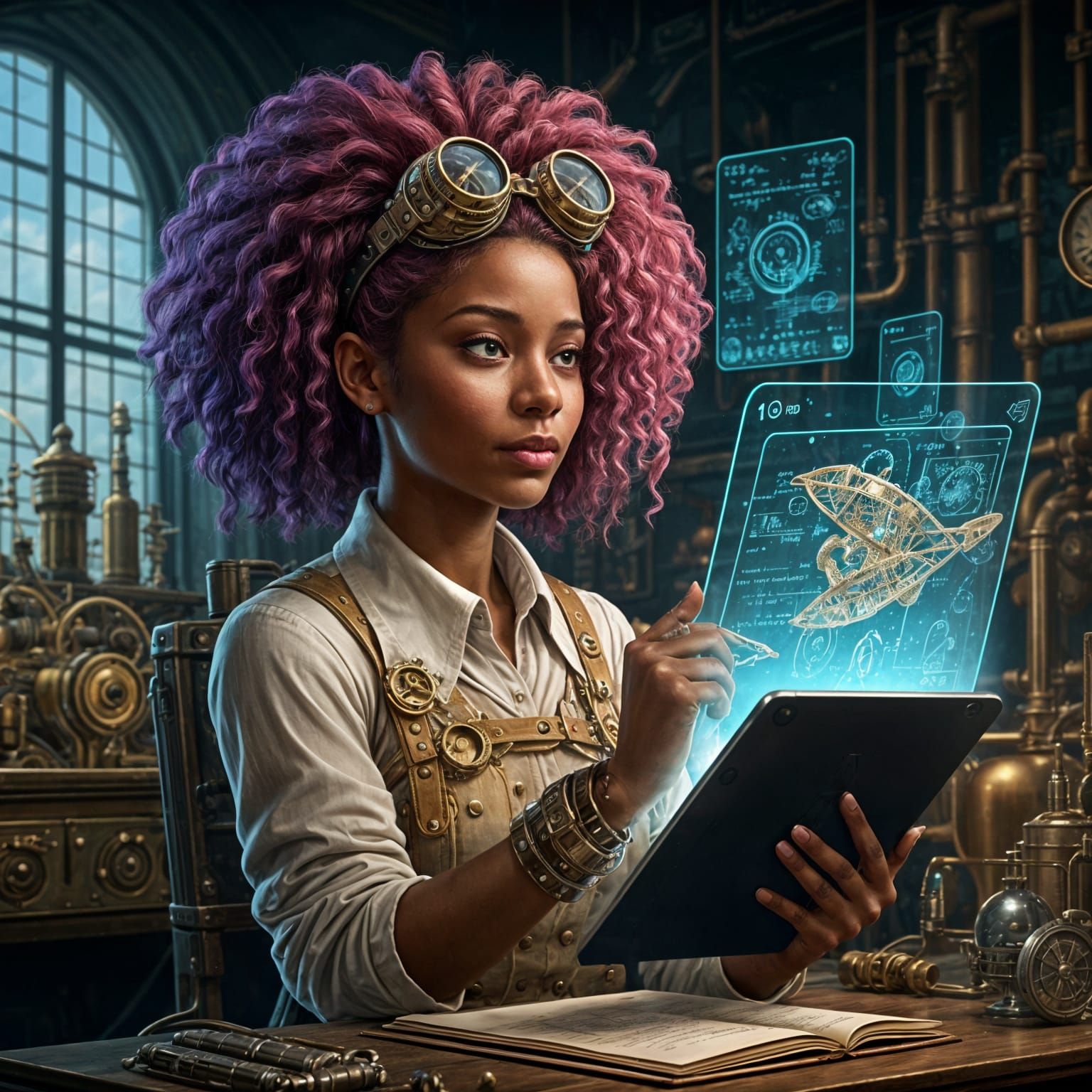 Steampunk Inventor with Pink Hair and Brass Goggles
